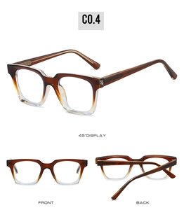 Detailed views of amber gradient square acetate glasses frame showing 45-degree and front angles