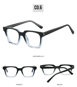 Three-angle view of gradient square eyeglass frames showing front, side, and back details