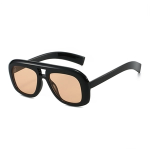 Retro thick-frame double-bridge oversized sunglasses with black frame and brown lenses
