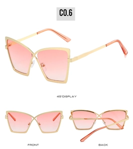 Trois vues de lunettes papillon avec verres dégradés roses et monture en métal doré