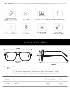 Detailed size chart and specifications for pilot style anti-blue light PC glasses frames