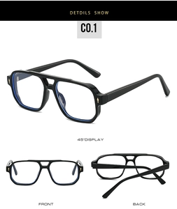 Three-angle view of black TR90 aviator glasses frame with double bridge and metal rivets