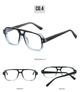 Three-way view of gradient pilot glasses frames with dual bridges and metal accents