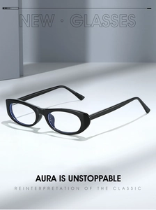 Detail of vintage cat-eye glasses with black frames and blue light blocking lenses