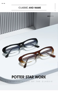 Detail view of oval vintage sunglasses in black and tortoiseshell on a modern display stand