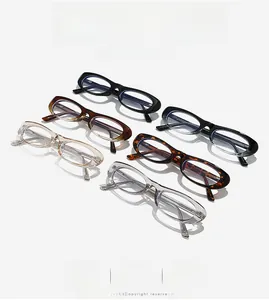 Showcase of multiple narrow oval eyewear frames in tortoise, transparent, and solid colors