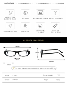 Detailed size chart for retro oval sunglasses showing dimensions and PC frame specs