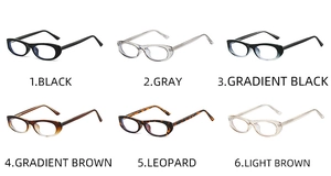 Detail of vintage oval glasses frames in multiple colors like black, gray, and leopard print