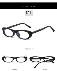 Detailed multi-angle views of black oval full-rim anti-blue light glasses from three sides