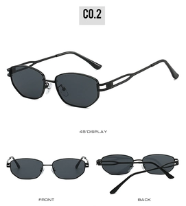 Vue sous trois angles de lunettes de soleil polygonales en métal noir et monture géo