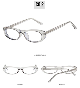 Detailed views of transparent grey oval frame glasses with metal reinforced temples