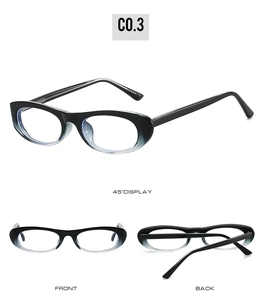 Three-angle view of retro narrow-frame sunglasses with black-gray gradient and thin temples