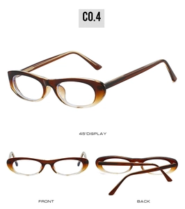 Front and 45-degree views of cat-eye eyewear with amber gradient frames and clear lenses