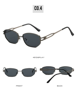 Vues détaillées de lunettes de soleil en métal polygone avec verres gris foncé sous plusieurs angles