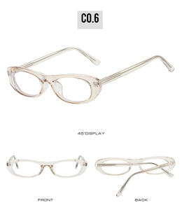 Detailed views of champagne oval glasses in transparent finish with multiple display angles