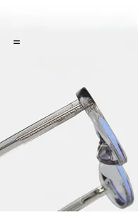 Detail of transparent grey eyewear frame showing the reinforced metal core in the temple