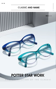 Détail de lunettes œil-de-chat avec montures dégradées et branches en métal renforcé