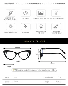 Tableau des tailles détaillé pour lunettes œil de chat anti-lumière bleue avec dimensions