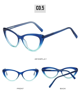 Vue en trois dimensions de lunettes œil-de-chat avec dégradé bleu-vert et charnières à ressort