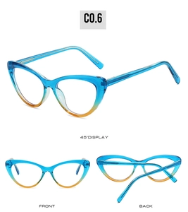 Monture de lunettes œil-de-chat avec dégradé bleu et orange sous plusieurs angles