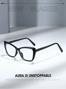 Macro view of black cat-eye eyeglass frames showing blue light blocking lens reflection