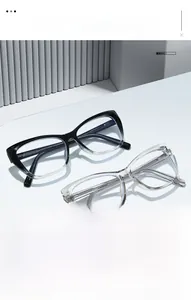 Detail view of cat-eye frames in gradient black and transparent resin with metal hinges
