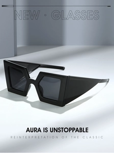 Close-up of oversized geometric sunglasses with wide frames and glossy black finish