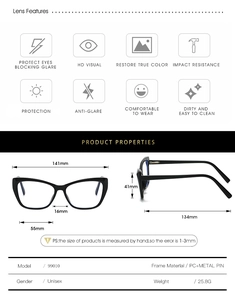 Detailed size specifications for black cat-eye glasses with PC metal frame and dimensions