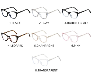 Collage of cat eye glasses frames in seven trendy colors including leopard and transparent
