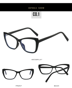 Three-angle view of black cat-eye glasses frames showing front back and 45-degree angle