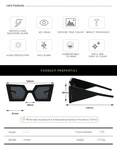 Detailed size chart of oversized geometric sunglasses with PC frame measurements