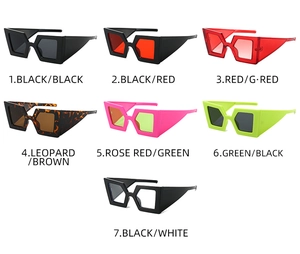 Detailed display of trendy oversized geometric sunglasses in seven vibrant color combinations