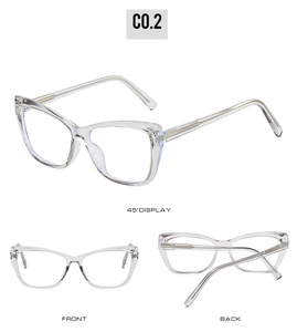 Three-angle view of transparent cat-eye anti-blue light glasses with metal core temples