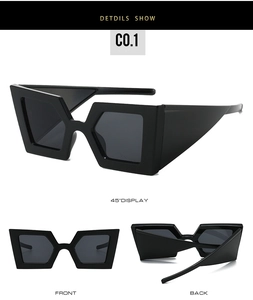 Three views of black chunky geometric sunglasses with thick temples and sleek cat-eye design