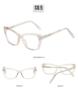Detailed views of transparent champagne cat eye glasses frames with metal pin core temples