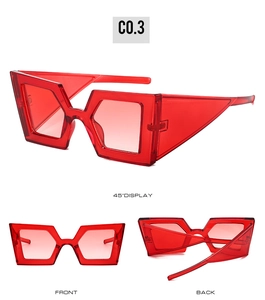Three-way view of red translucent geometric sunglasses showing front, side and back details