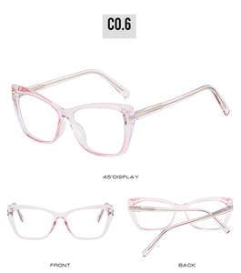 Pink cat-eye glasses frame with metal wire core in temples shown in multi-angle views