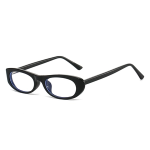 Classic black oval frame sunglasses with blue light blocking lenses on a white background