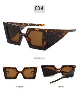 Detailed views of tortoise shell oversized sunglasses with thick frames and brown lenses