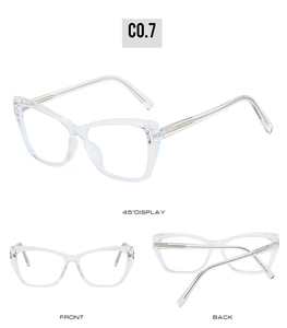 Transparent cat-eye glasses frame with silver metal core and multi-angle views