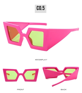 Three-view display of neon pink geometric sunglasses with translucent lime green lenses