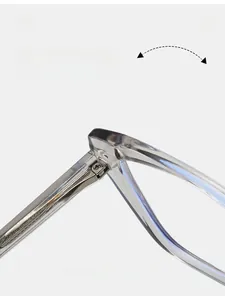 Detail of durable metal spring hinge and screw on translucent grey eyeglass frames