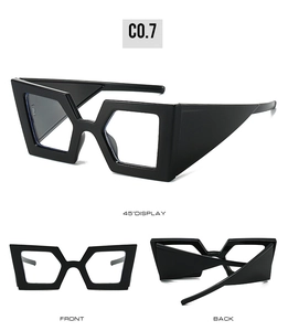 Detailed multi-angle views of oversized geometric black sunglasses in front and back profile