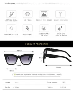 Detailed size specifications for square frame sunglasses with UV400 PC lens measurements