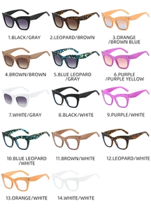 Collage showing 14 trendy square sunglasses and clear glasses in various vibrant colors