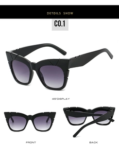 Three-angle view showing square cat-eye frame and purple gradient lenses of sunglasses