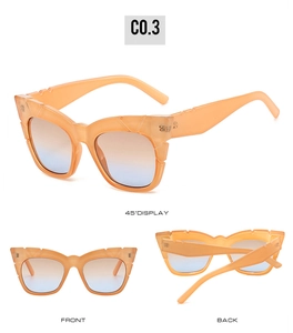 Detailed views of square cat-eye sunglasses with translucent orange frame and gradient lens