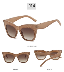 Detail view of square beige sunglasses with C0.4 tint, featuring 45 degree front and back shots