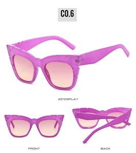 Three views of purple cat-eye sunglasses with gradient lenses and wide temples