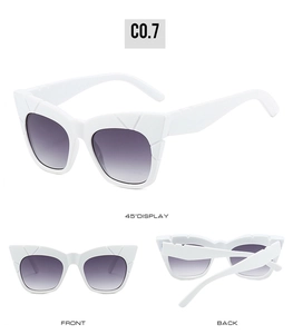 Three-angle views of white square sunglasses with purple gradient lenses and wide temples